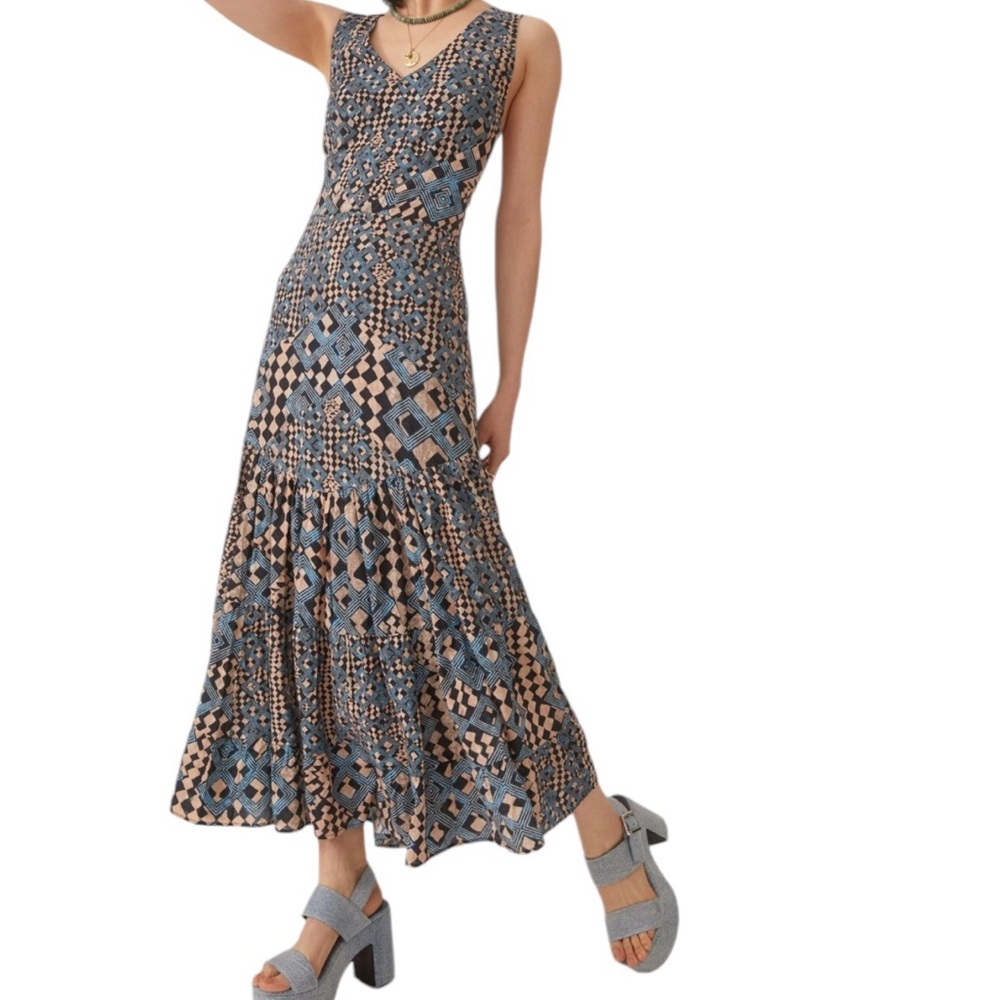 Anthropologie Let Me Be Tan/Black/Blue Geometric Print Flounced Maxi Dress